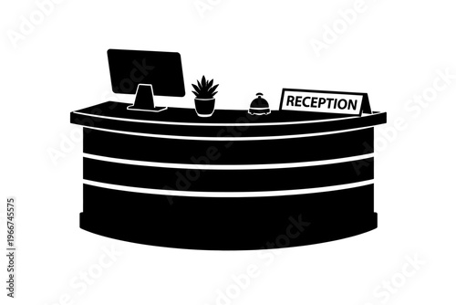 Sleek black silhouette vector icon of a contemporary reception desk, featuring a monitor, a decorative potted plant, a service bell, and a clear 'RECEPTION' sign. Perfect for office, hotel, business f