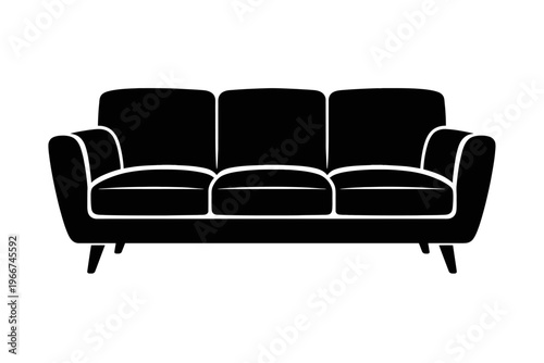 Black silhouette three-seater sofa vector icon. Modern mid-century design. Elegant upholstered lounge couch. Comfortable seating, plush cushions, sleek arms, tapered legs. For home decor. Timeless aes
