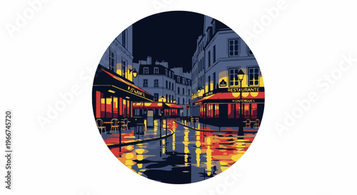 Rain-slicked street with illuminated restaurants at night