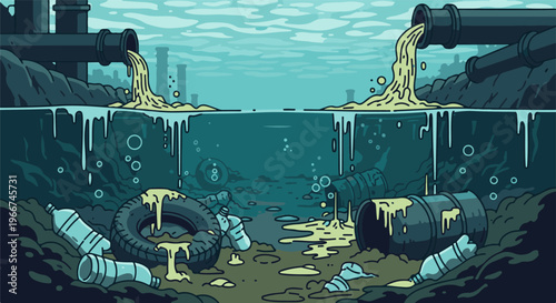 Pollution flows from pipes into a murky ocean, littering the seabed with debris