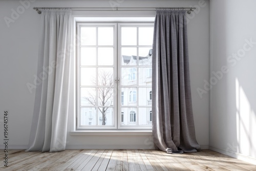 Bright room with large window and draped curtains showcases morning sunlight.