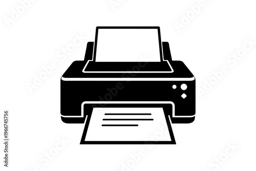 Black and white vector icon of a modern office printer, symbolizing document creation, efficient printing services, home and business technology, and digital to physical conversion. Ideal for web desi