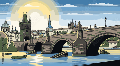 Pixelated stone bridge with towers, boats, and buildings under sun