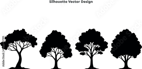Black tree silhouette vector design set, collection of four deciduous tree shapes, minimalist nature icons for landscape architecture and eco branding