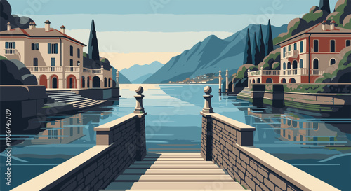 Pixelated lakefront villas with arched entrances and serene water reflections