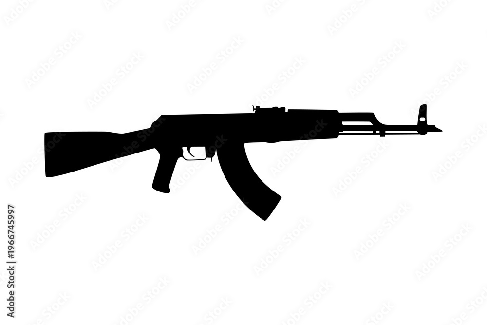 Fototapeta premium Assault rifle icon, Black silhouette assault rifle, Military weapon icon for security, defense, army, war concept, element for design isolated on white background, for web and app. Flat vector