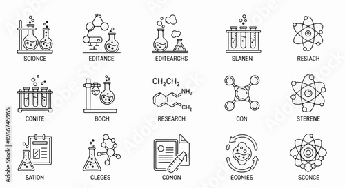 Collection of line art icons depicting scientific concepts and experiments