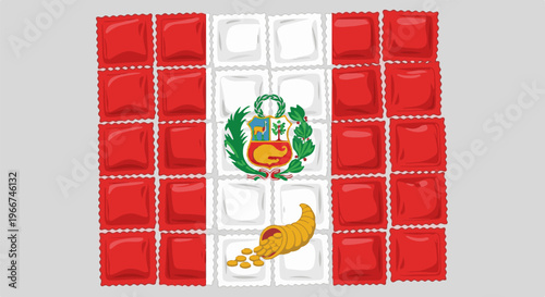Peruvian flag design made of individually wrapped red and white square packages