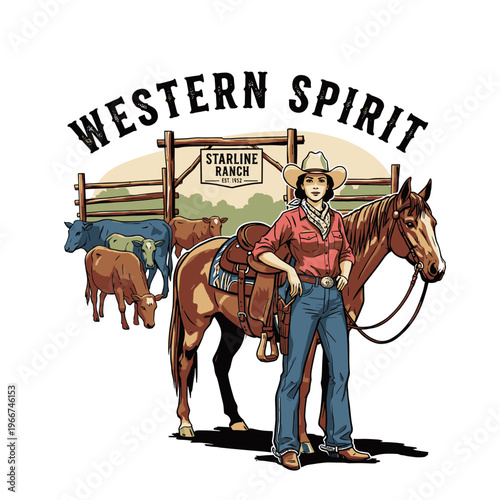 Western spirit cowgirl with horse and cattle at ranch, vintage wild west mascot vector illustration for t-shirt design.