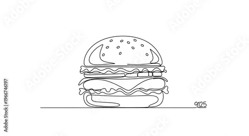 Minimalist single line drawing of a delicious cheeseburger on a white background