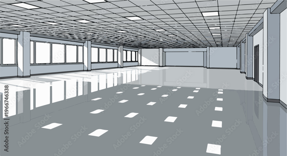 Fototapeta premium Expansive, brightly lit office space with large windows and reflective floor