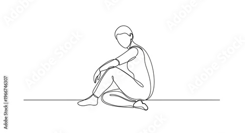 Minimalist line art of a person sitting cross-legged, contemplative pose, simple sketch