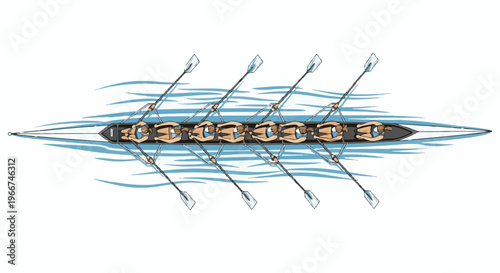 Eight rowers in a racing shell move in sync across blue water