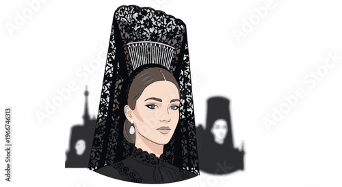 Elegant woman adorned with a traditional black mantilla and ornate comb