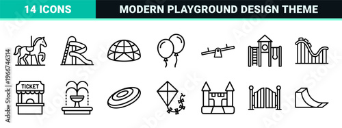Kids Park and Outdoor Recreation Linear Icon Collection featuring Minimalist Geometric Line Art for Commercial Design and App Interfaces