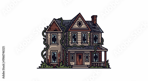 Creepy, overgrown abandoned house with broken windows and vines