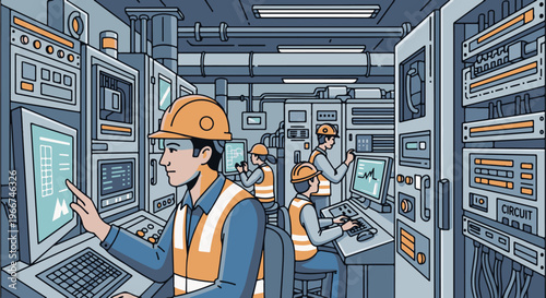 Engineers in a control room monitor systems and equipment using computers and displays