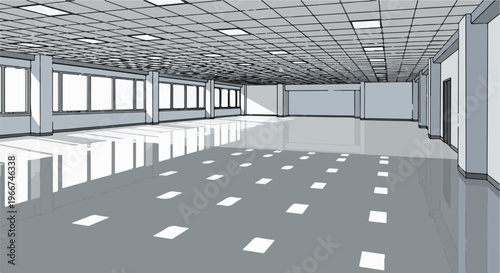 Expansive, brightly lit office space with large windows and reflective floor