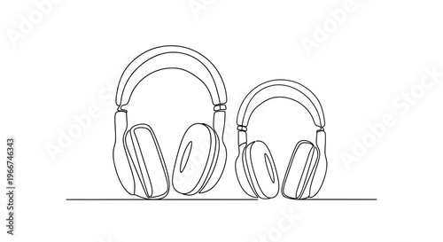 Minimalist Line Art: Two Headphones, One Big, One Small, on White Background