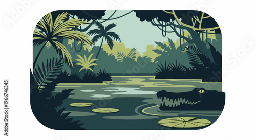 Crocodile lurking in a lush jungle river with lily pads and dense foliage