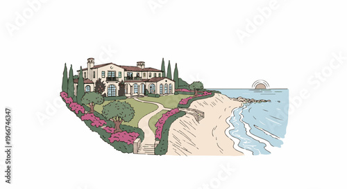 Expansive villa overlooking a serene beach at sunset