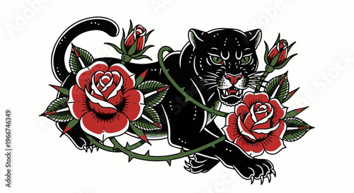 Fierce black panther entwined with vibrant red roses and thorny vines