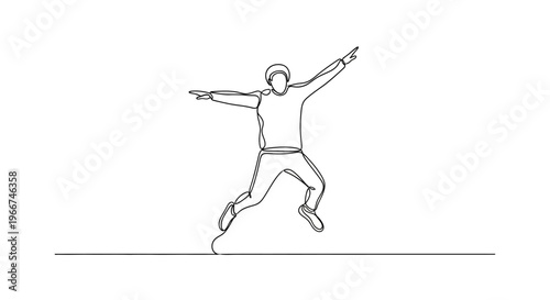 Continuous Line Drawing of a Joyful Person Jumping with Arms Outstretched