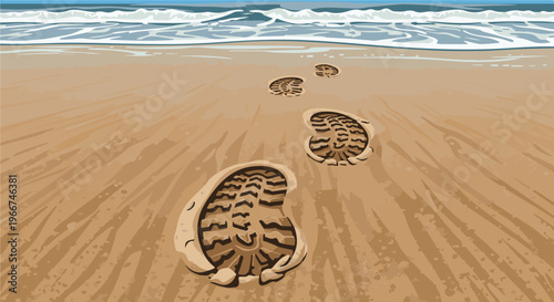 Footprints on sandy beach leading to ocean waves
