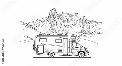 Line art illustration of a camper van parked below towering rugged mountains