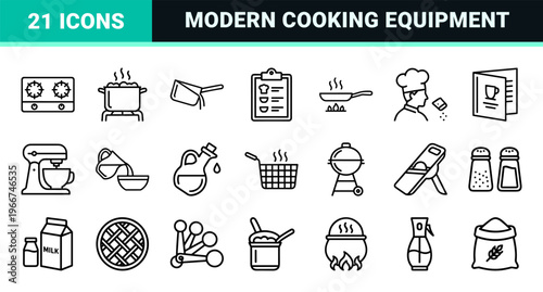 Professional Kitchen and Gourmet Cooking Line Art. Minimalist Geometric Symbols for Culinary Tools and Home Appliances.