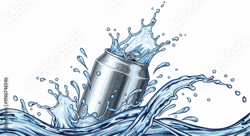 Metallic can emerging from a splashing wave of clear liquid
