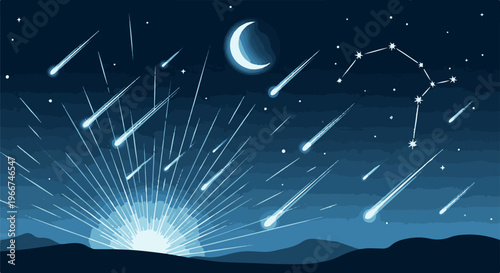 Meteor shower and crescent moon illuminate a dark night sky with distant hills