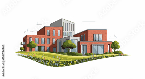 Modern brick buildings with large windows, trees, and a colorful field of flowers
