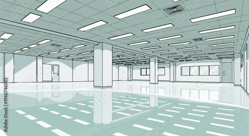 Modern office interior with reflective floor and abundant lighting