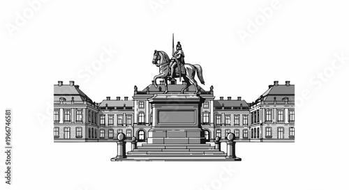 Monumental equestrian statue in front of grand classical palace architecture