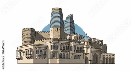 Modern flame-shaped towers rise behind an ancient walled city with a dome