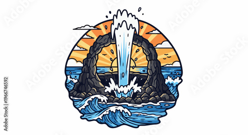 Dramatic ocean waterfall through rock arch at sunset