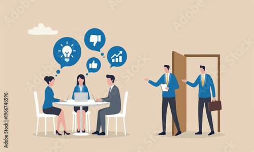 Exit interview meeting teams together leaving or resignation, staff suggestion to HR human resources concept, resigned businessman employee about to leave the door with interview conversation