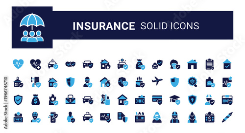 Comprehensive collection of modern solid icons representing various insurance protection and coverage concepts.