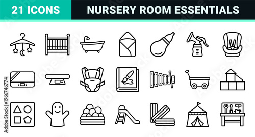 Baby and Toddler Care Essentials Minimalist Monoline Geometric Line Art Grid for Parenting Retail and Nursery Product Interface Design