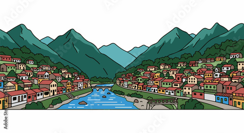 Picturesque village nestled between lush green mountains and a flowing blue river
