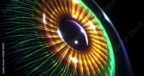 Abstract digital eye iris with glowing fiber optic lines. Abstract futuristic technology related 3d animation.