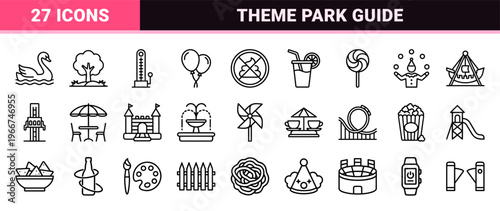 Amusement Park Attractions and Fairground Entertainment Minimalist Monoline Outline Symbols for Commercial UI and Wayfinding Maps