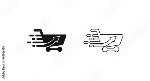 a black and white shopping cart with a curved arrow Vector