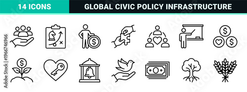 Social Policy and Community Welfare Outline Symbols. minimalist Monoline Geometric Line Art for Public Administration and Civic Support.