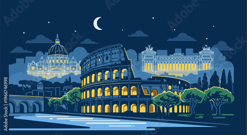 Pixelated nighttime cityscape featuring iconic ancient Roman structures under a moonlit sky