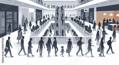 Silhouetted shoppers navigate a busy, multi-level shopping mall with escalators