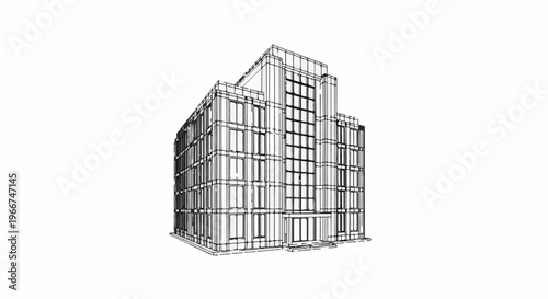 Sketch of a modern multi-story building with many windows and a central entrance