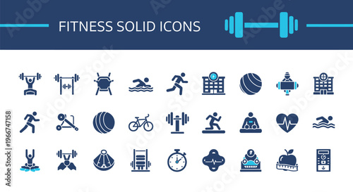 Collection of solid blue icons representing various aspects of fitness health and sports activities