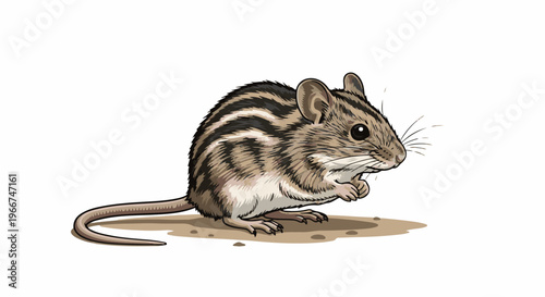 Small striped rodent on sandy ground, looking right, paws raised